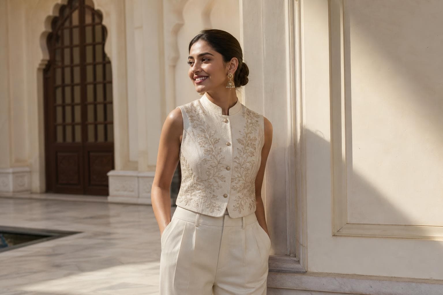 Anveera model in an embroidered ivory waistcoat and trousers